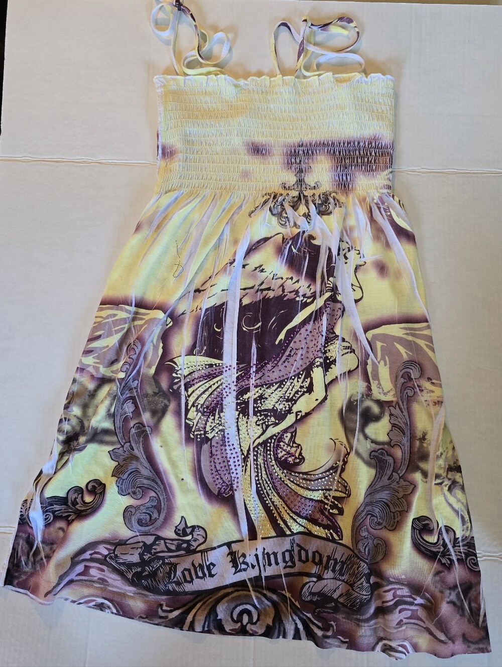 Ocean Breeze Yellow Purple Rhinestone Smocked Sundress Size M